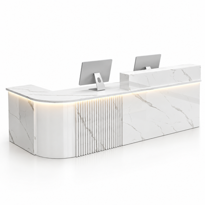 Large L-Shaped Reception Counter with Curved Return and LED Lighting — All White Marble-Look, Left Type