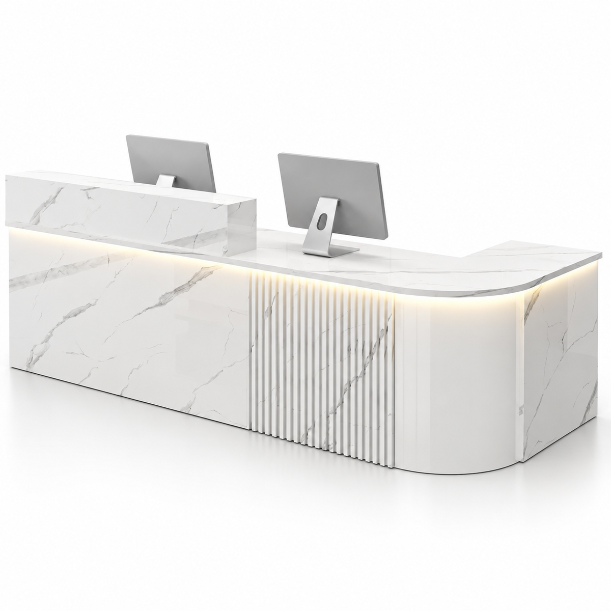 Large L-Shaped Reception Counter with Curved Return and LED Lighting — All White Marble-Look, Right Type