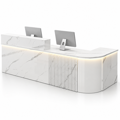 Large L-Shaped Reception Counter with Curved Return and LED Lighting — All White Marble-Look, Right Type