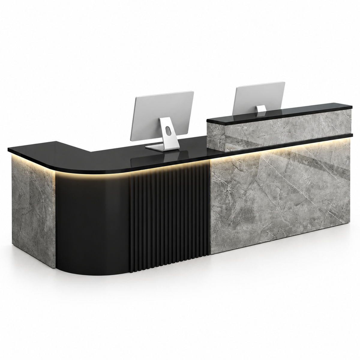 Large L-Shaped Reception Counter with Curved Return and LED Lighting — Grey Stone-Look + Black, Left Type