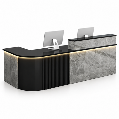 Large L-Shaped Reception Counter with Curved Return and LED Lighting — Grey Stone-Look + Black, Left Type