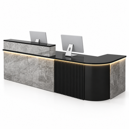 Large L-Shaped Reception Counter with Curved Return and LED Lighting — Grey Stone-Look + Black, Right Type