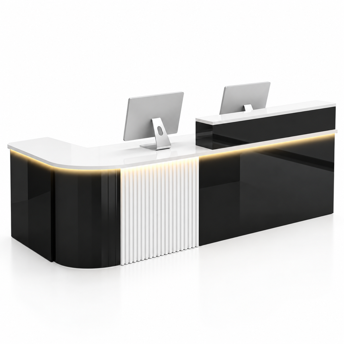 Large L-Shaped Reception Counter with Curved Return and LED Lighting — Black + White, Left Type