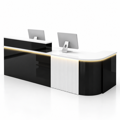 Large L-Shaped Reception Counter with Curved Return and LED Lighting — Black + White, Right Type