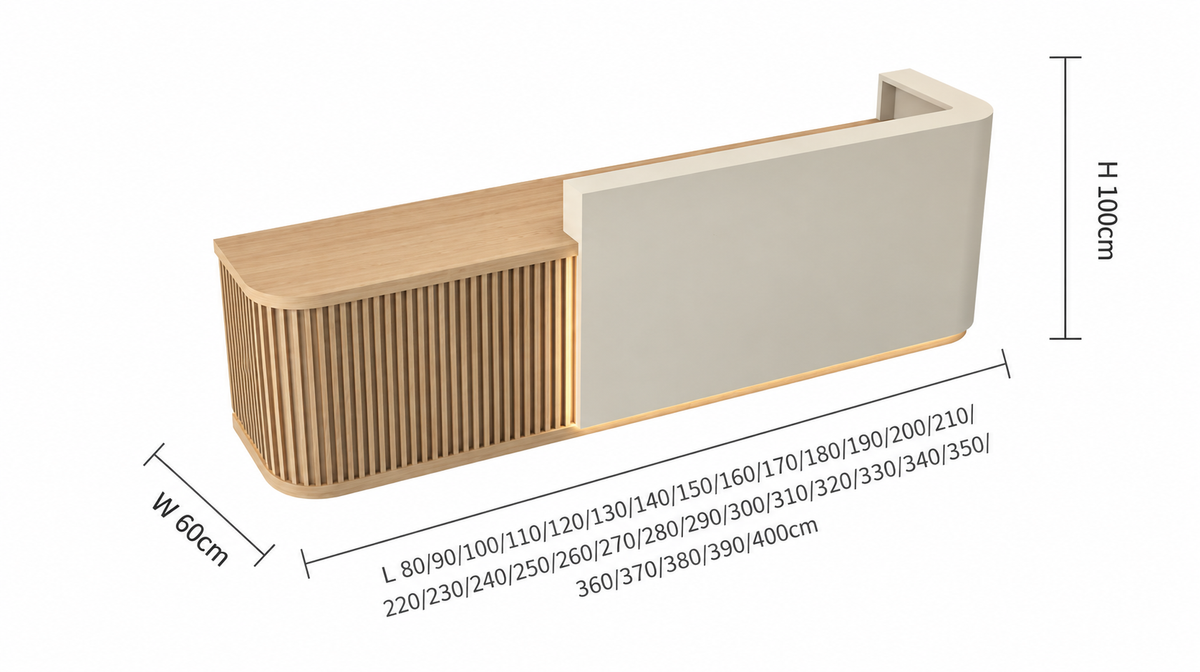 Curved L-Shaped Reception Counter with LED Lighting and Storage