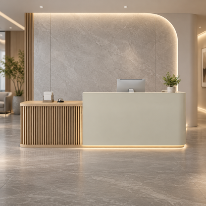 Curved L-Shaped Reception Counter with LED Lighting and Storage in a commercial reception setting
