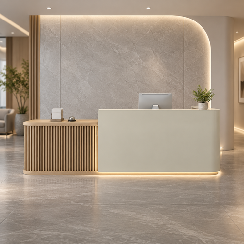 Curved L-Shaped Reception Counter with LED Lighting and Storage in a commercial reception setting