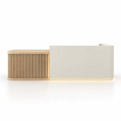 Curved L-Shaped Reception Counter with LED Lighting and Storage — Cream White + Natural Wood