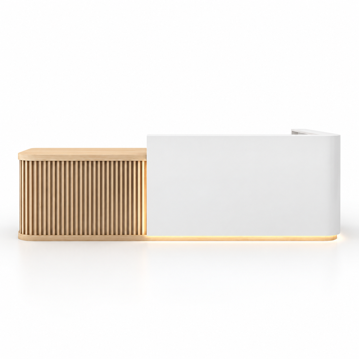 Curved L-Shaped Reception Counter with LED Lighting and Storage — White + Natural Wood