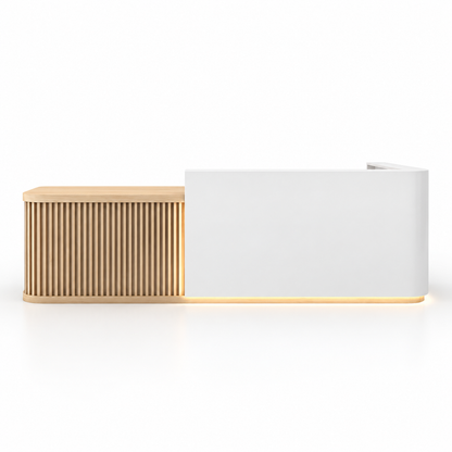 Curved L-Shaped Reception Counter with LED Lighting and Storage — White + Natural Wood