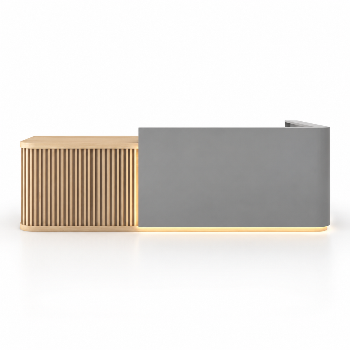 Curved L-Shaped Reception Counter with LED Lighting and Storage — Grey + Natural Wood