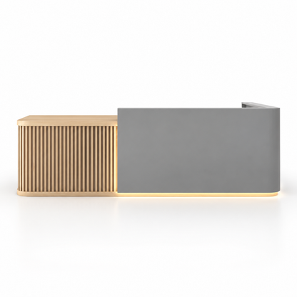 Curved L-Shaped Reception Counter with LED Lighting and Storage — Grey + Natural Wood