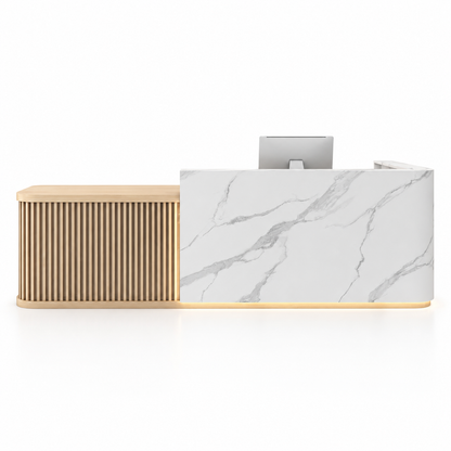 Curved L-Shaped Reception Counter with LED Lighting and Storage — White Marble-Look + Natural Wood