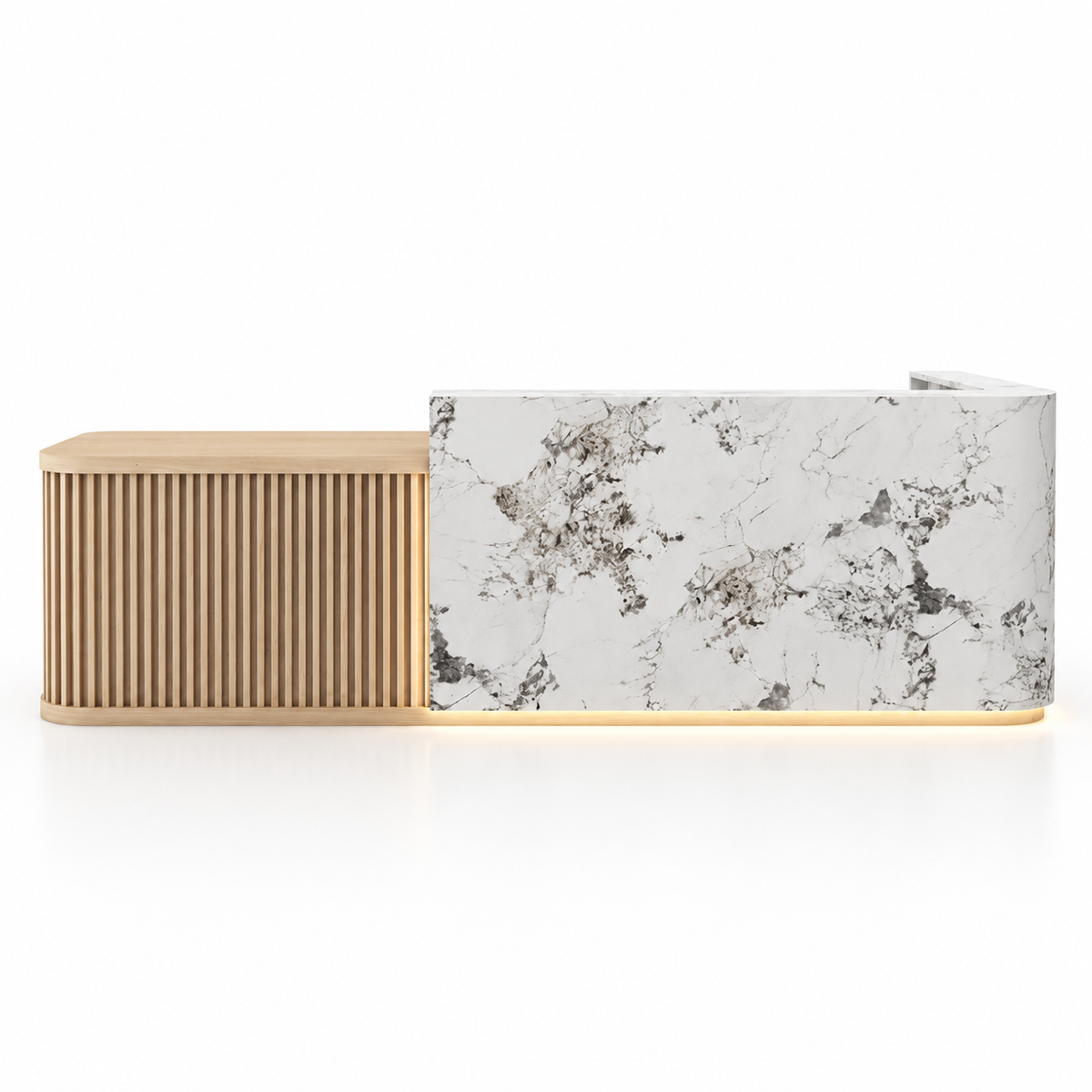 Curved L-Shaped Reception Counter with LED Lighting and Storage — Pandora Stone-Look + Natural Wood