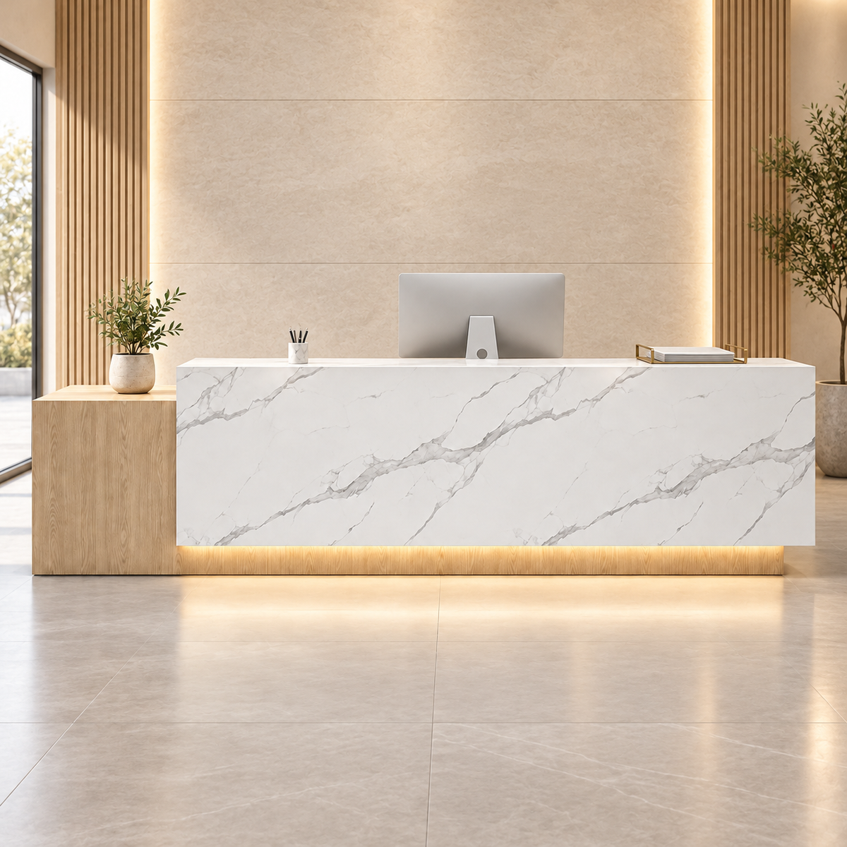 Large Two-Level Reception Counter with LED Lighting and Storage in a commercial reception setting