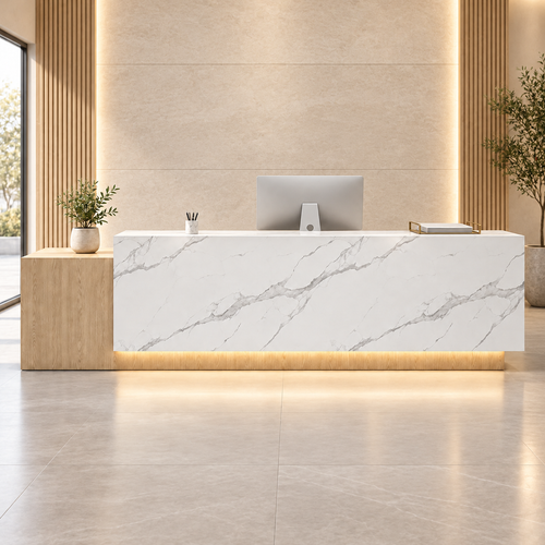 Large Two-Level Reception Counter with LED Lighting and Storage in a commercial reception setting
