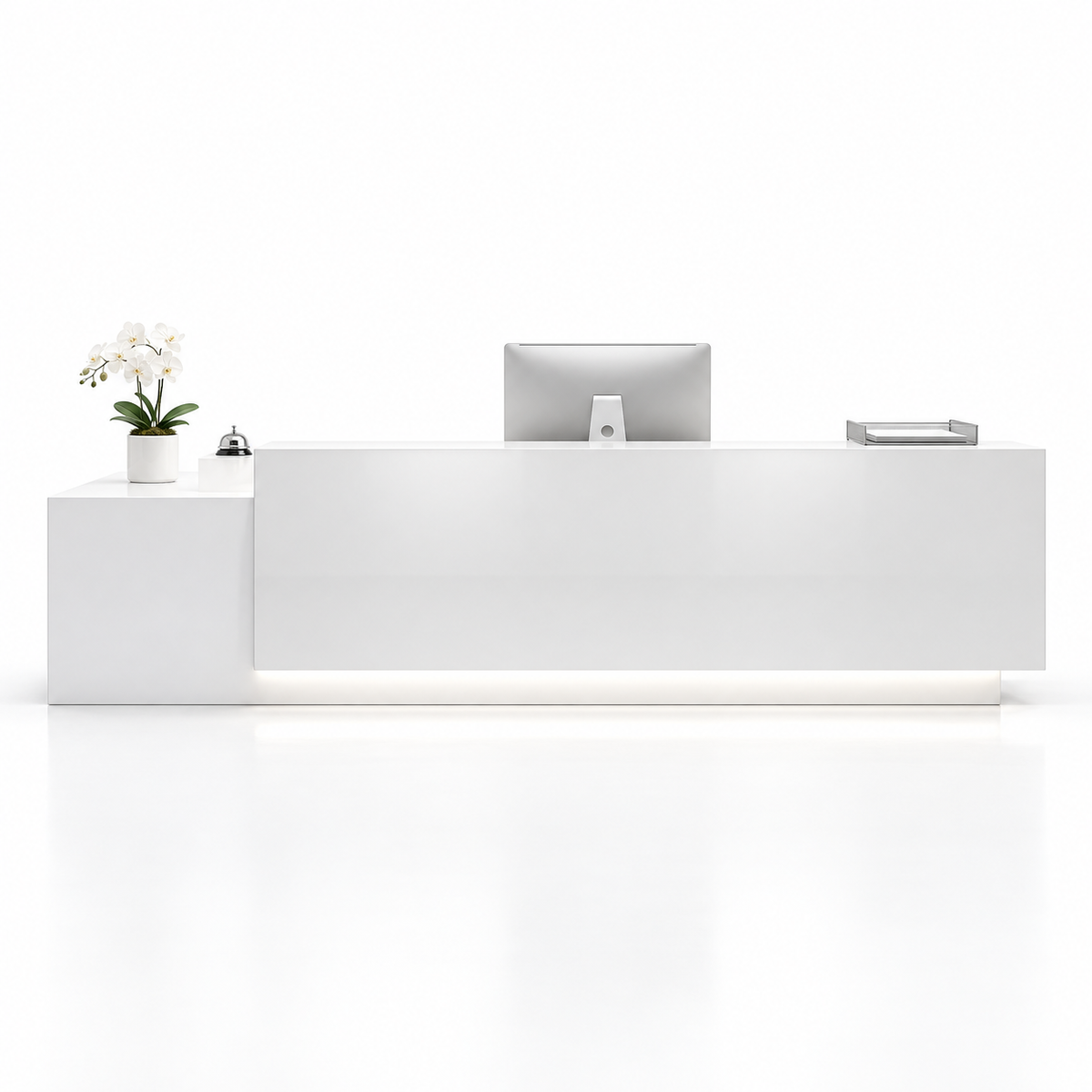 Large Two-Level Reception Counter with LED Lighting and Storage — All White