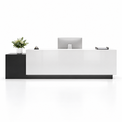 Large Two-Level Reception Counter with LED Lighting and Storage — Black + White