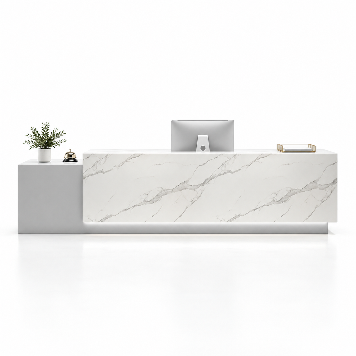 Large Two-Level Reception Counter with LED Lighting and Storage — Grey + White Marble-Look