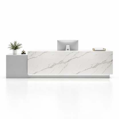 Large Two-Level Reception Counter with LED Lighting and Storage — Grey + White Marble-Look
