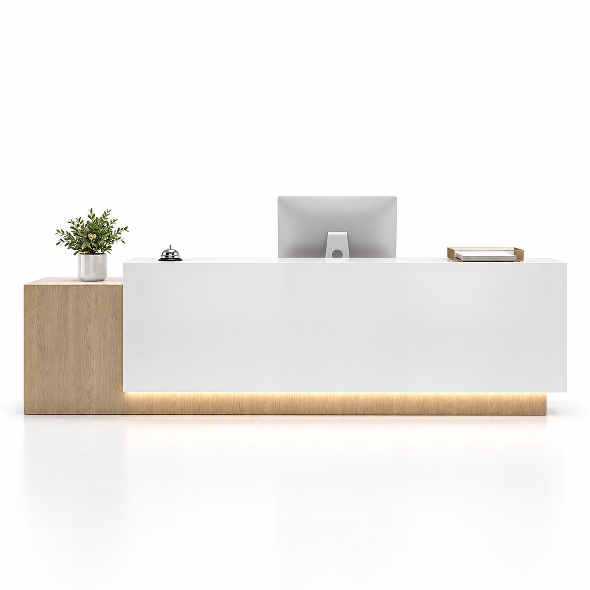 Large Two-Level Reception Counter with LED Lighting and Storage — Natural Wood + White