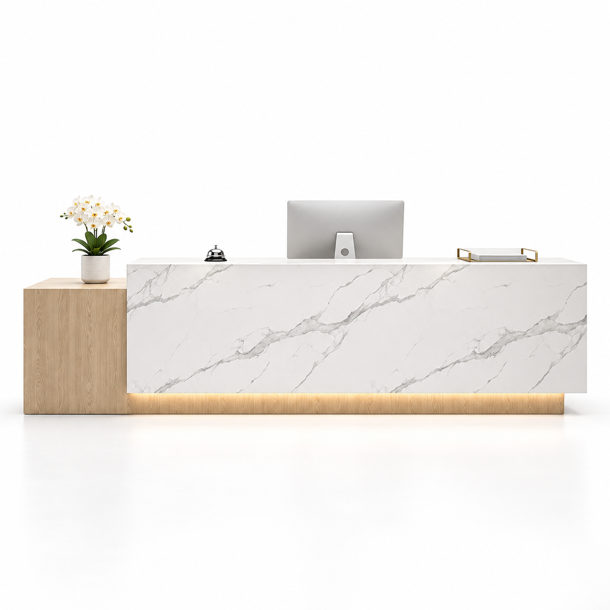Large Two-Level Reception Counter with LED Lighting and Storage — Natural Wood + White Marble-Look