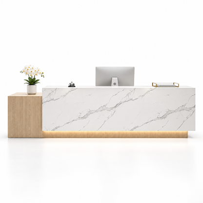 Large Two-Level Reception Counter with LED Lighting and Storage — Natural Wood + White Marble-Look