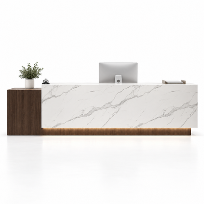 Large Two-Level Reception Counter with LED Lighting and Storage — Dark Coffee + White Marble-Look