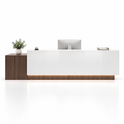 Large Two-Level Reception Counter with LED Lighting and Storage — Dark Coffee + White