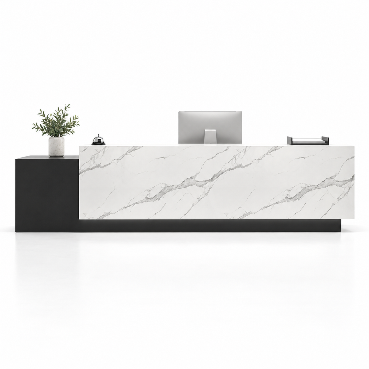 Large Two-Level Reception Counter with LED Lighting and Storage — Black + White Marble-Look