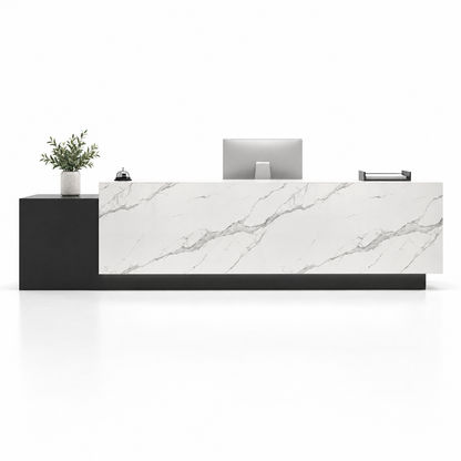Large Two-Level Reception Counter with LED Lighting and Storage — Black + White Marble-Look