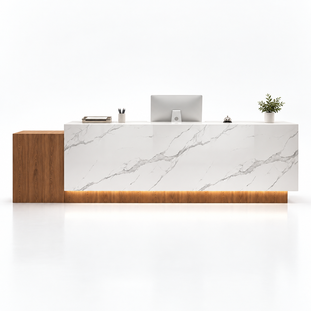 Large Two-Level Reception Counter with LED Lighting and Storage — Dark Wood + White Marble-Look