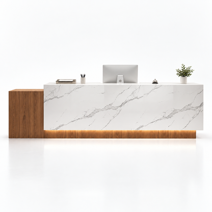 Large Two-Level Reception Counter with LED Lighting and Storage — Dark Wood + White Marble-Look