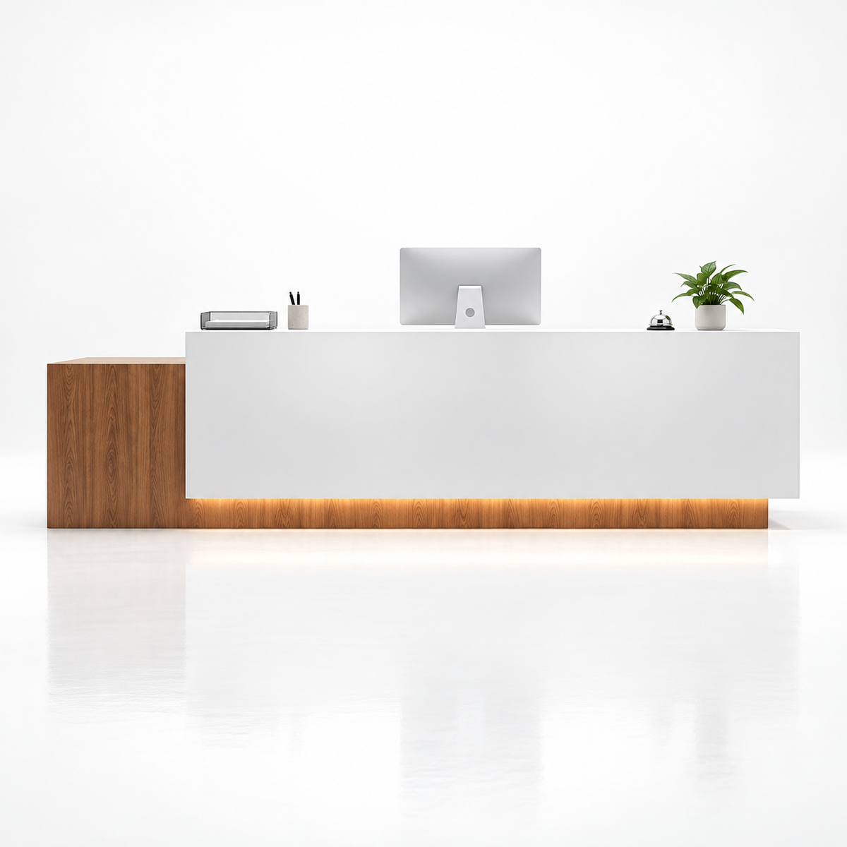 Large Two-Level Reception Counter with LED Lighting and Storage — Dark Wood + White