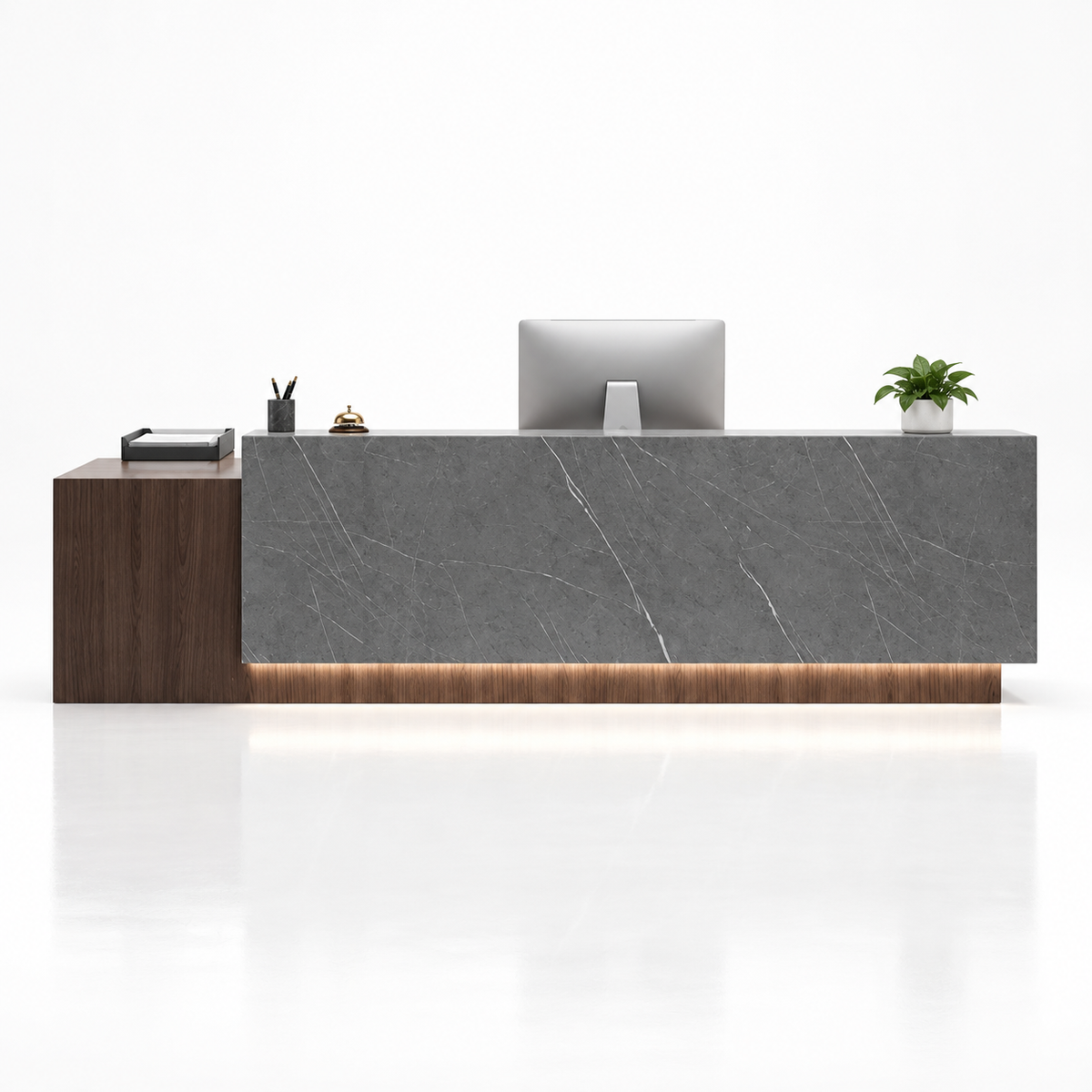 Large Two-Level Reception Counter with LED Lighting and Storage — Dark Coffee + Cracked Grey