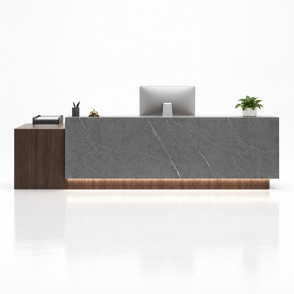 Large Two-Level Reception Counter with LED Lighting and Storage — Dark Coffee + Cracked Grey