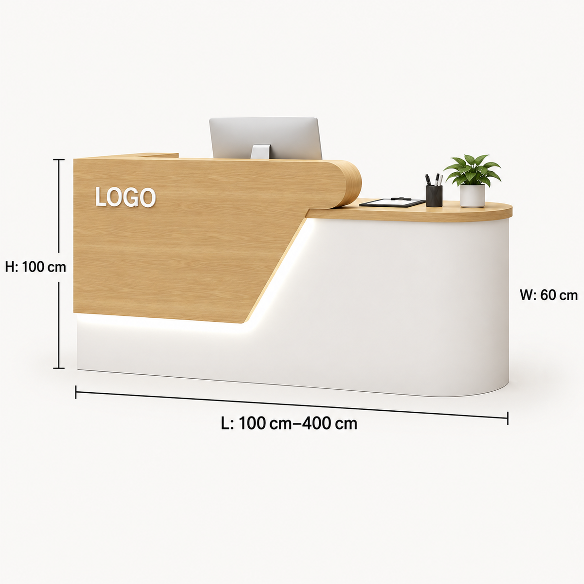 Angled Curved Reception Counter with LED Lighting and Storage