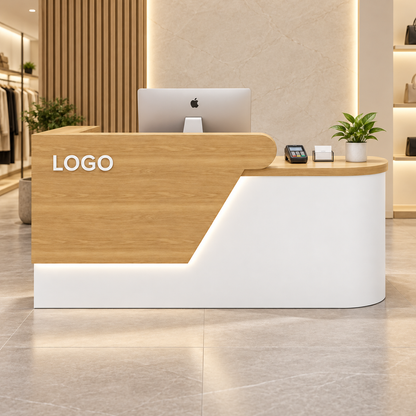 Angled Curved Reception Counter with LED Lighting and Storage in a commercial reception setting