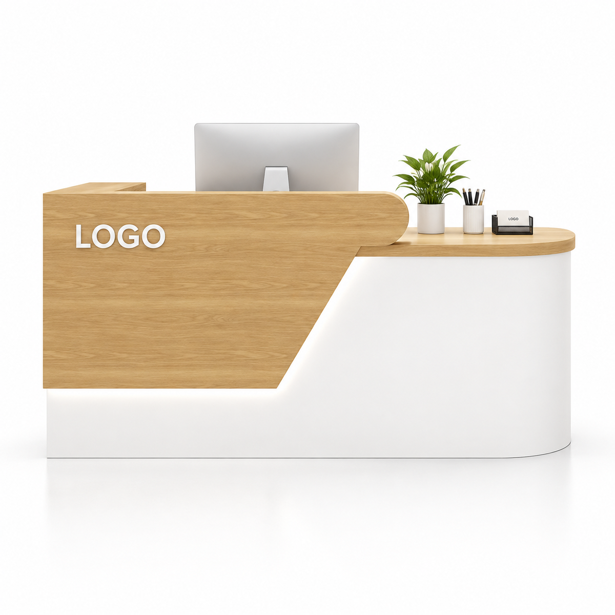 Angled Curved Reception Counter with LED Lighting and Storage — Natural Wood