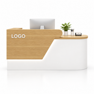 Angled Curved Reception Counter with LED Lighting and Storage — Natural Wood
