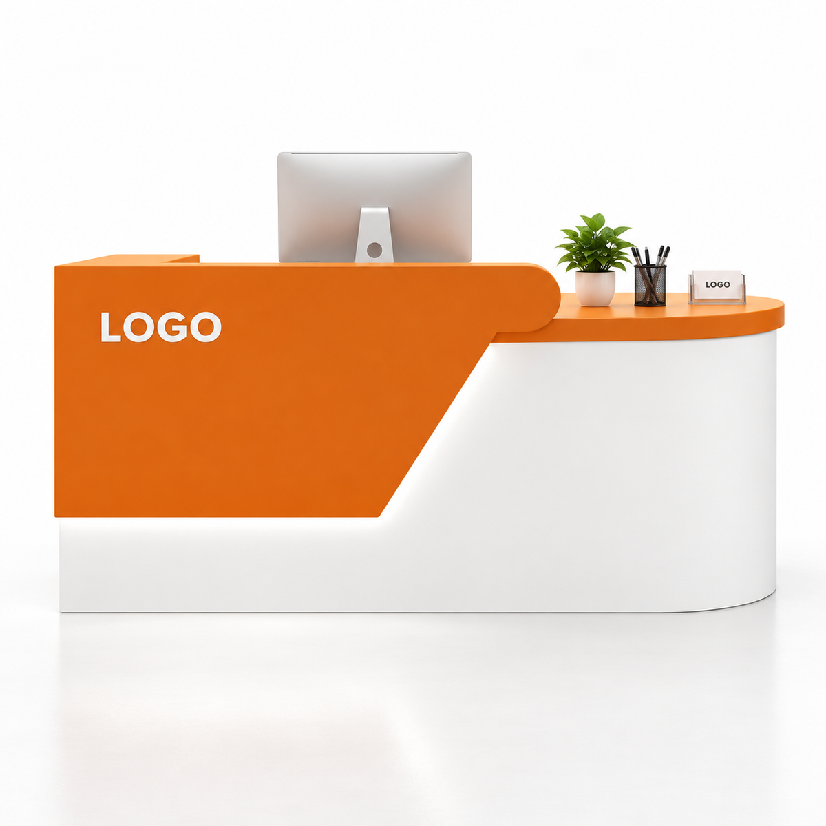 Angled Curved Reception Counter with LED Lighting and Storage — Orange
