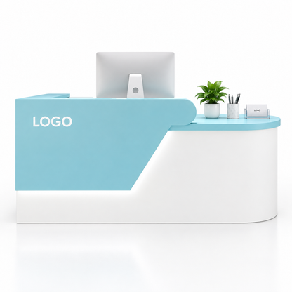 Angled Curved Reception Counter with LED Lighting and Storage — Blue