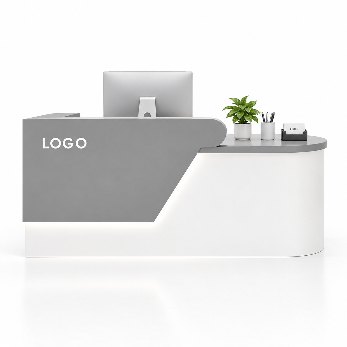 Angled Curved Reception Counter with LED Lighting and Storage — Grey