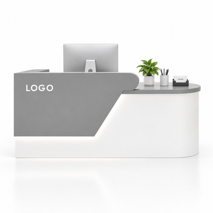 Angled Curved Reception Counter with LED Lighting and Storage — Grey