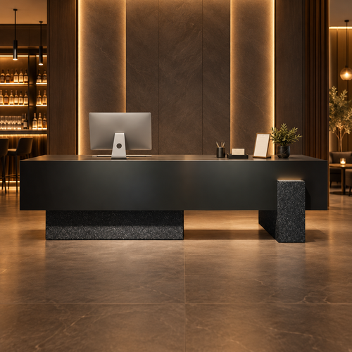 Large Floating-Style Reception Counter with Stone-Look Finishes in a commercial reception setting