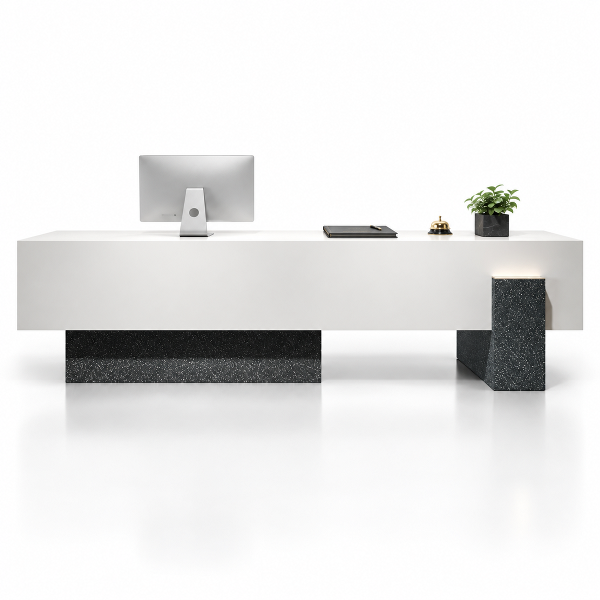 Large Floating-Style Reception Counter with Stone-Look Finishes — White + Black Terrazzo-Look
