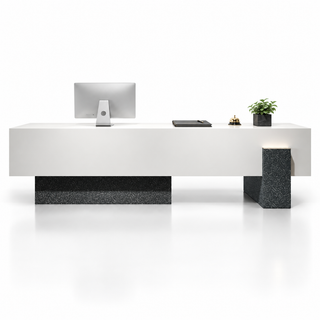 Large Floating-Style Reception Counter with Stone-Look Finishes — White + Black Terrazzo-Look