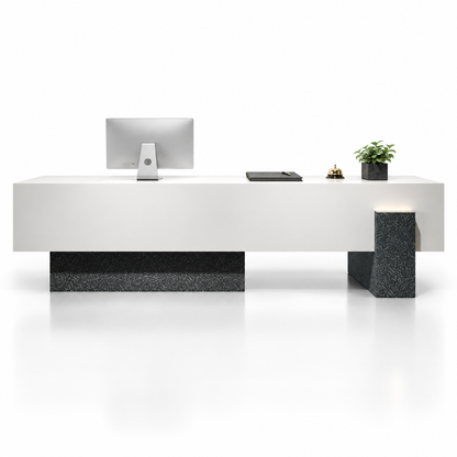 Large Floating-Style Reception Counter with Stone-Look Finishes — White + Black Terrazzo-Look