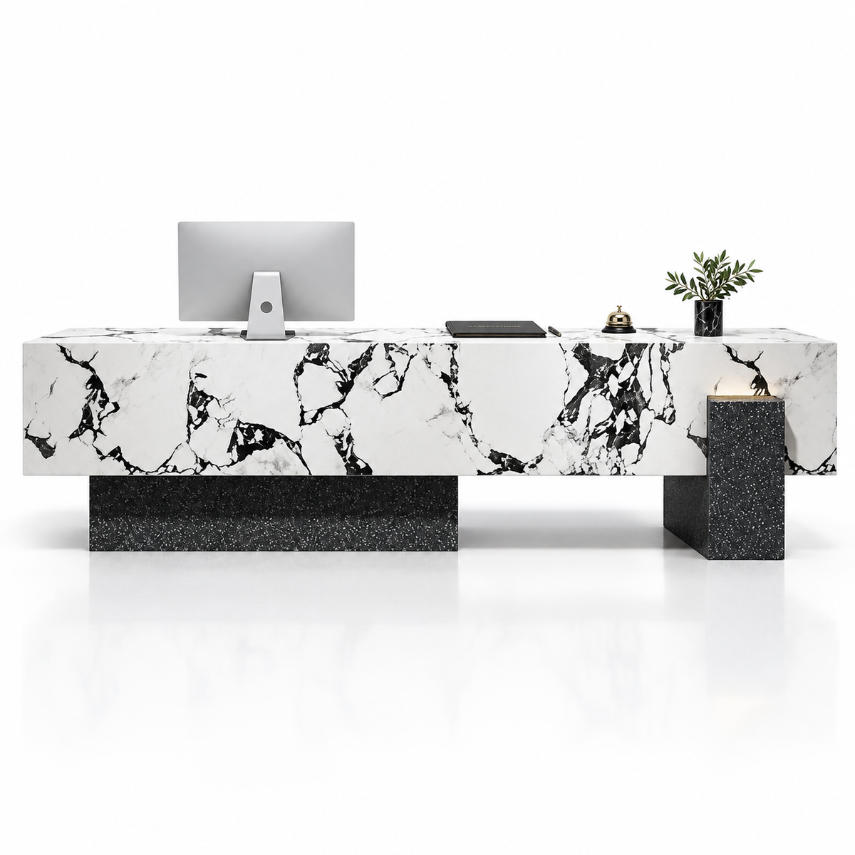 Large Floating-Style Reception Counter with Stone-Look Finishes — Bulgari Stone-Look + Black Terrazzo-Look
