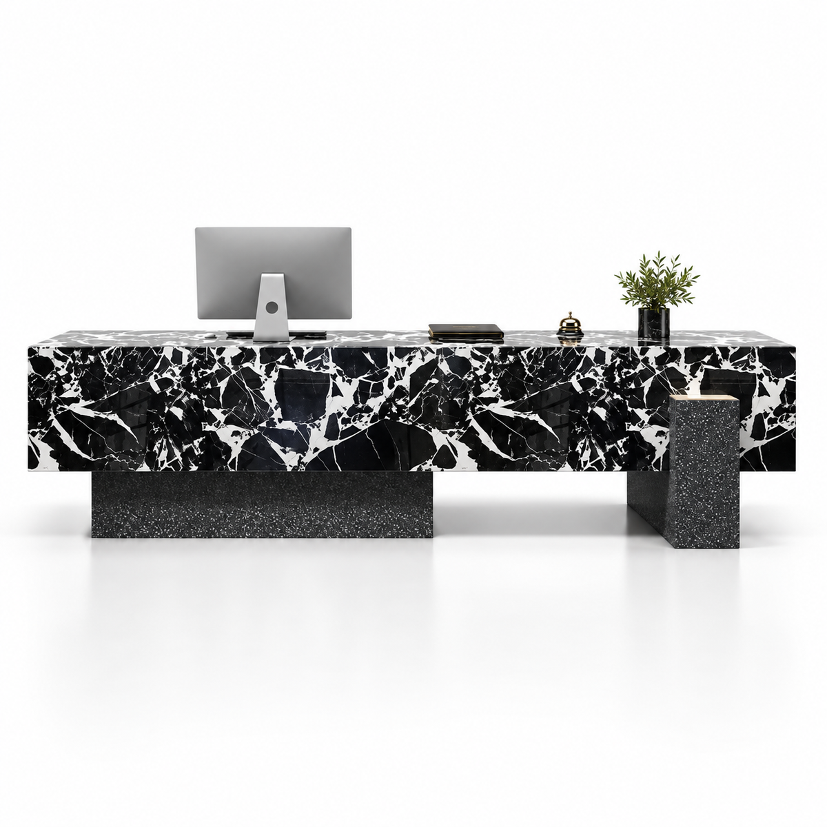 Large Floating-Style Reception Counter with Stone-Look Finishes — Black Bulgari Stone-Look + Black Terrazzo-Look